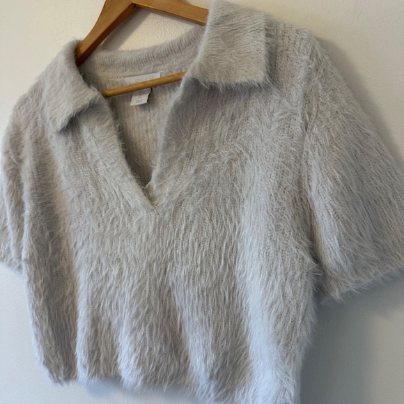 House of Harlow 1960 Fuzzy Pastel Blue Cropped Polo Sweater | Size Large - Picture 2 of 7
